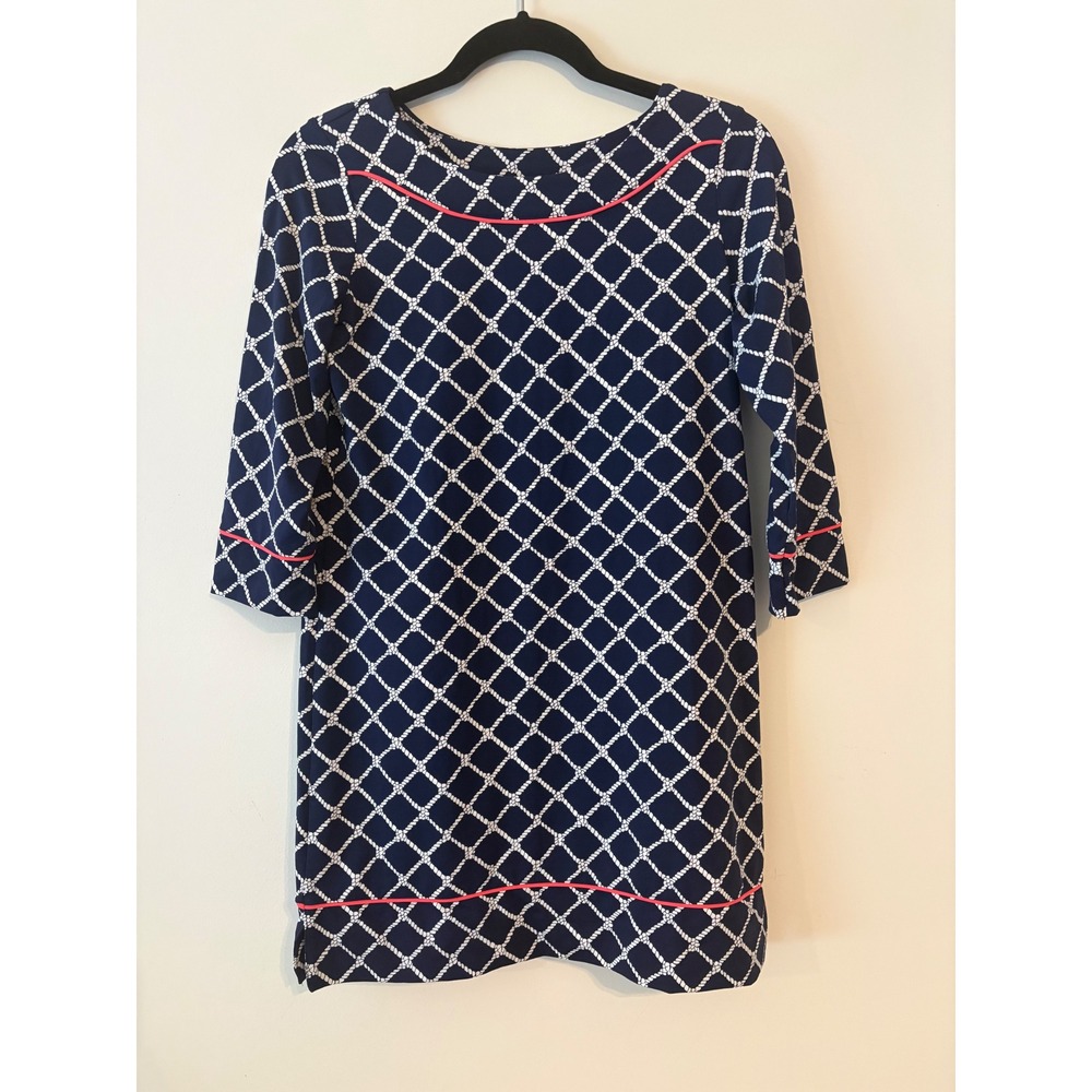 Lands End Navy Rope Lattice Print Shift Dress XS 2-4 Nautical 3/4 Sleeve Coral